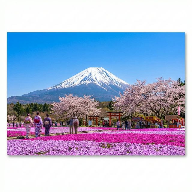 Majestic Mount Fuji view over fields of shibazakura flowers
