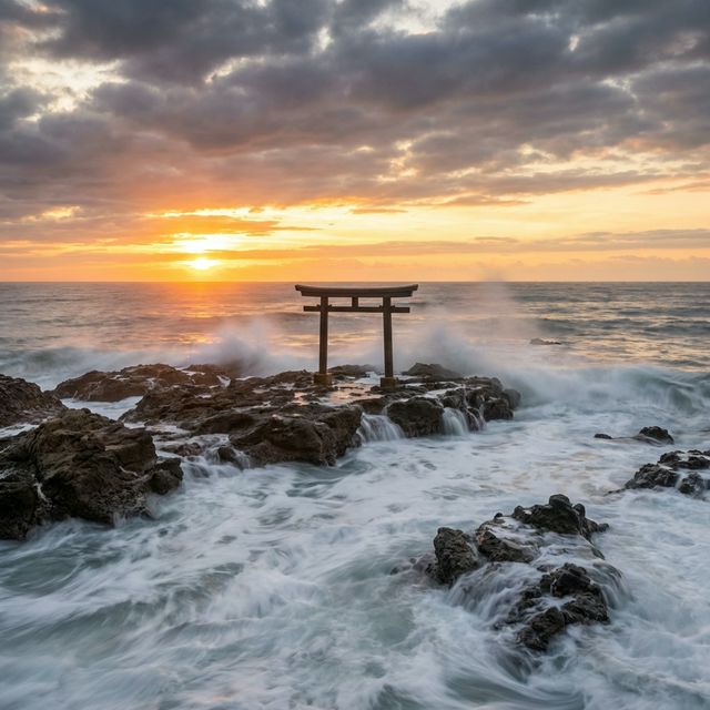 Famous torii gate standing in ocean waves at Oarai Isosaki Shrine