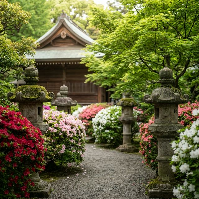 Stone lanterns and red torii gates among blooming azaleas at Nezu Shrine