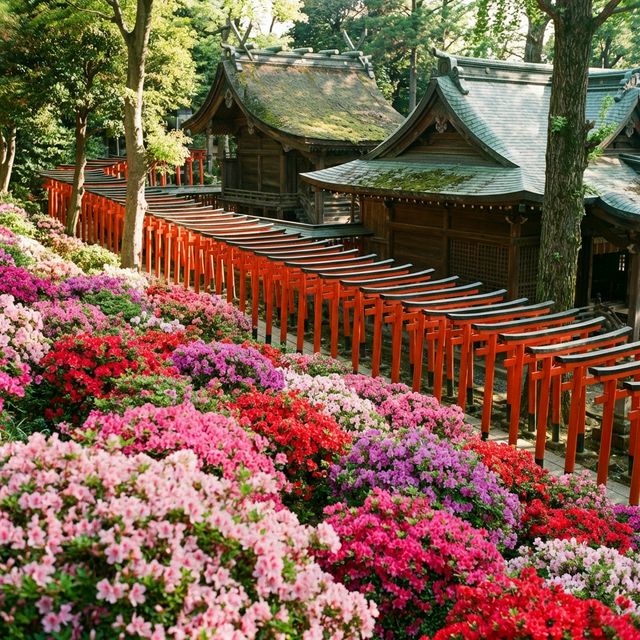 Traditional vermilion torii gates at Nezu Shrine surrounded by pink azalea flowers