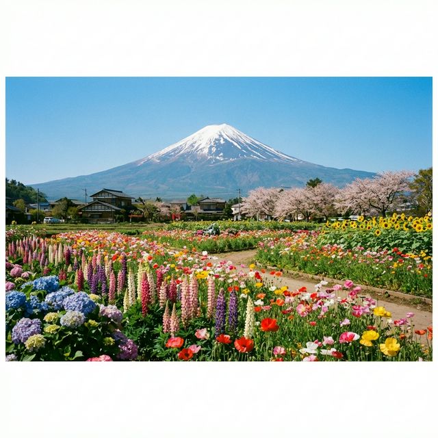 Stunning Mt Fuji backdrop behind rainbow-colored flower fields in autumn
