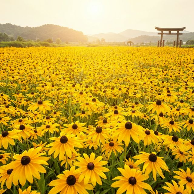 Golden rudbeckia flowers creating colorful patterns at Fuji Motosuko Resort