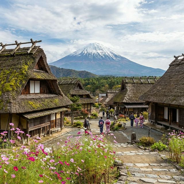 Traditional thatched-roof village Iyashi no Sato at Lake Saiko