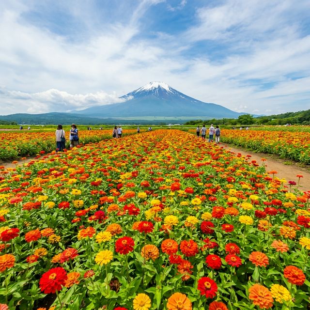 Colorful zinnia flowers at Rainbow Flower Festival near Mt Fuji