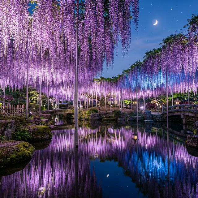 Magical night illumination of wisteria trees reflecting in water