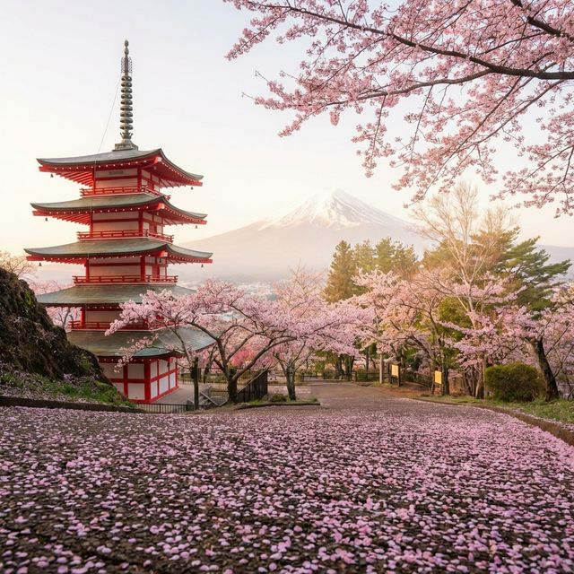 Cherry blossoms with Mt Fuji in background Lake Kawaguchi