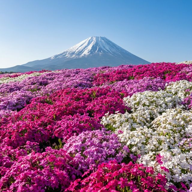 Pink moss phlox carpet with Mt Fuji at Fuji Shibazakura Festival